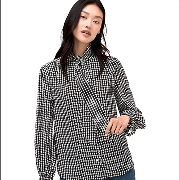 🎀 Kate Spade ♠️ Dashing Beauty Houndstooth tie neck Blouse - Picture 2 of 11